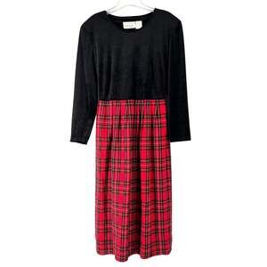 Vintage Black Velvet Red Plaid Dress 90s 1990s Festive Preppy Americana 20W